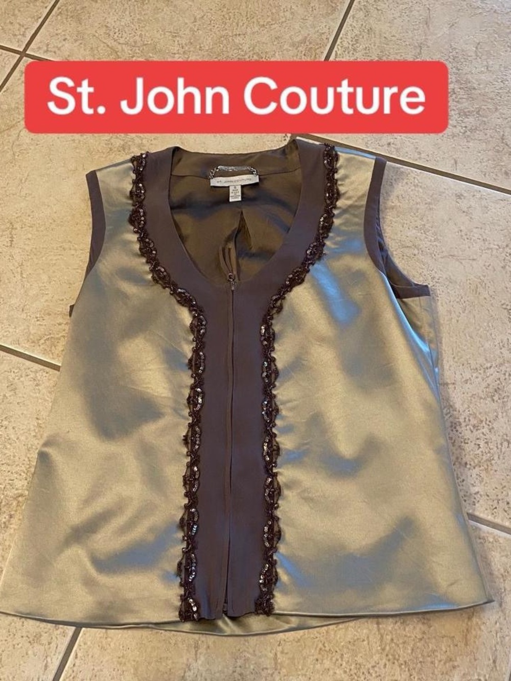 St. John Gold and Brown Beaded Sleeveless Jacket. High quality.